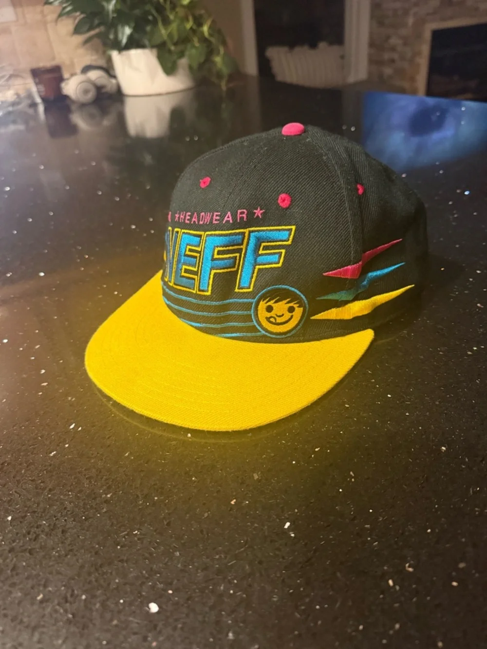 Neff Black Snapback Hat with Yellow Brim and Pink Accents - Picture 4 of 5